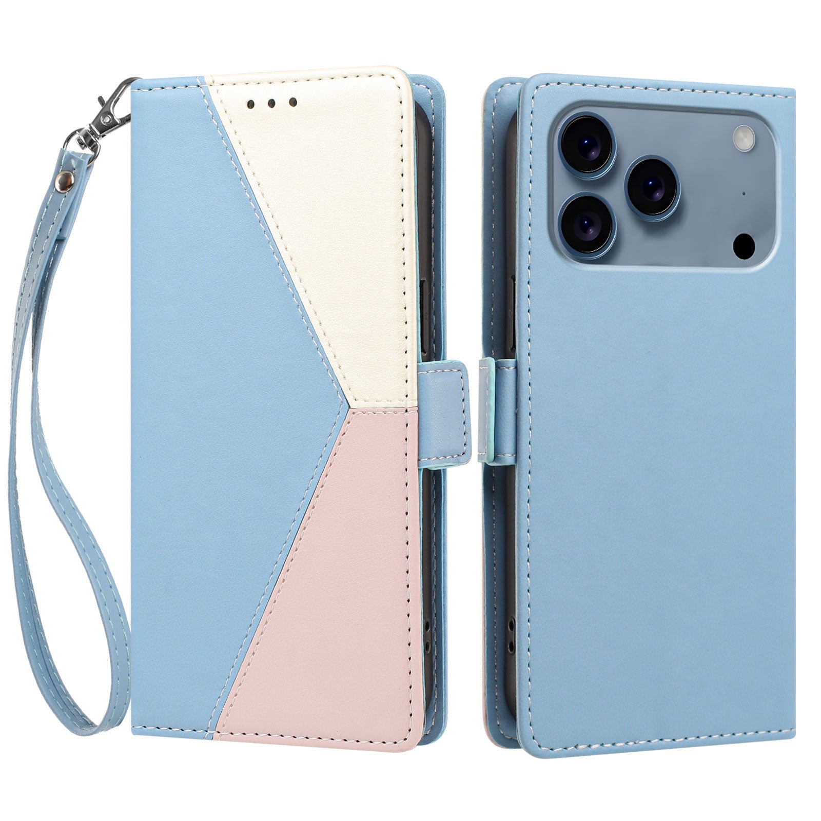 For iPhone 18 Pro Max / iPhone 17 Pro Max Case Color Stitching RFID Blocking Wallet Flip Leather Phone Cover with Wrist Strap