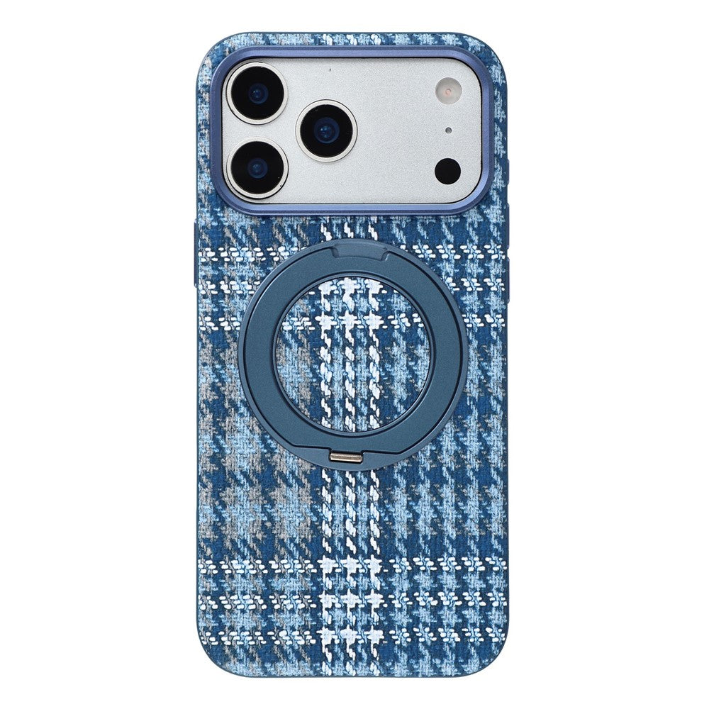 For iPhone 18 Pro / 17 Pro Case with Rotating Magnetic Kickstand Houndstooth Fabric + PC + TPU Phone Cover