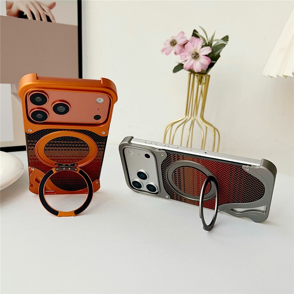 For iPhone 17 Pro Case Rotating Magnetic Kickstand Carbon Fiber Texture PC + Metal Shockproof Phone Cover