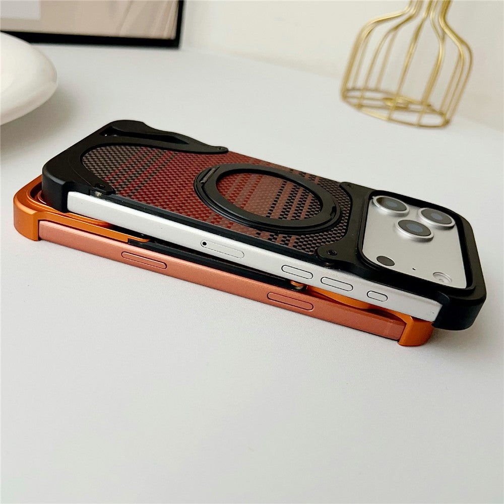 For iPhone 17 Pro Case Rotating Magnetic Kickstand Carbon Fiber Texture PC + Metal Shockproof Phone Cover