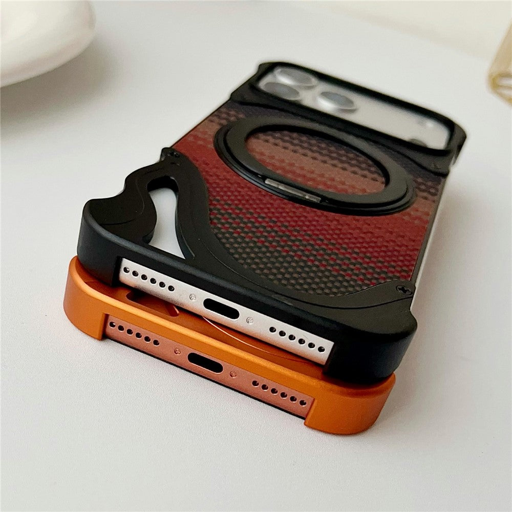 For iPhone 17 Pro Case Rotating Magnetic Kickstand Carbon Fiber Texture PC + Metal Shockproof Phone Cover