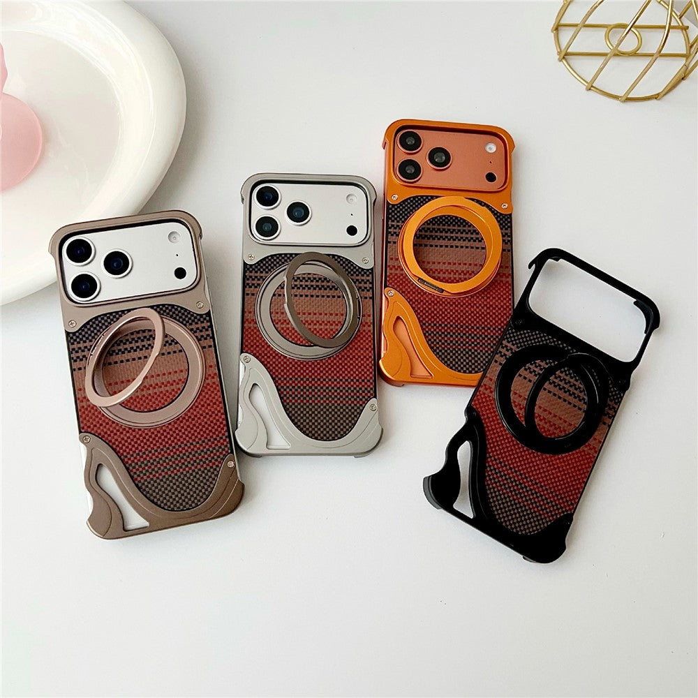 For iPhone 17 Pro Case Rotating Magnetic Kickstand Carbon Fiber Texture PC + Metal Shockproof Phone Cover