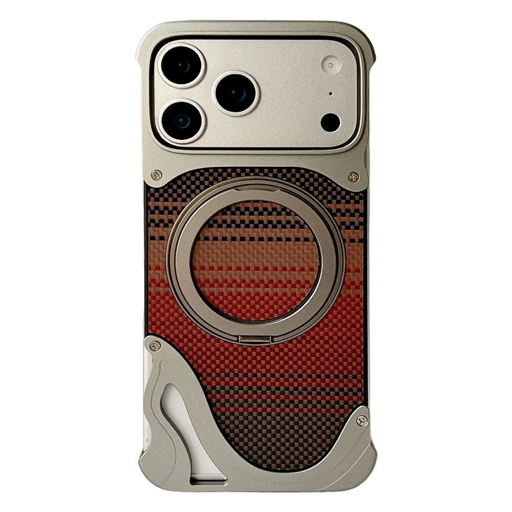 For iPhone 17 Pro Case Rotating Magnetic Kickstand Carbon Fiber Texture PC + Metal Shockproof Phone Cover