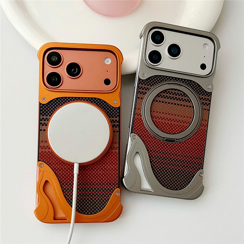 For iPhone 17 Pro Max Case Rotating Magnetic Kickstand Carbon Fiber Texture PC + Metal Shockproof Phone Cover