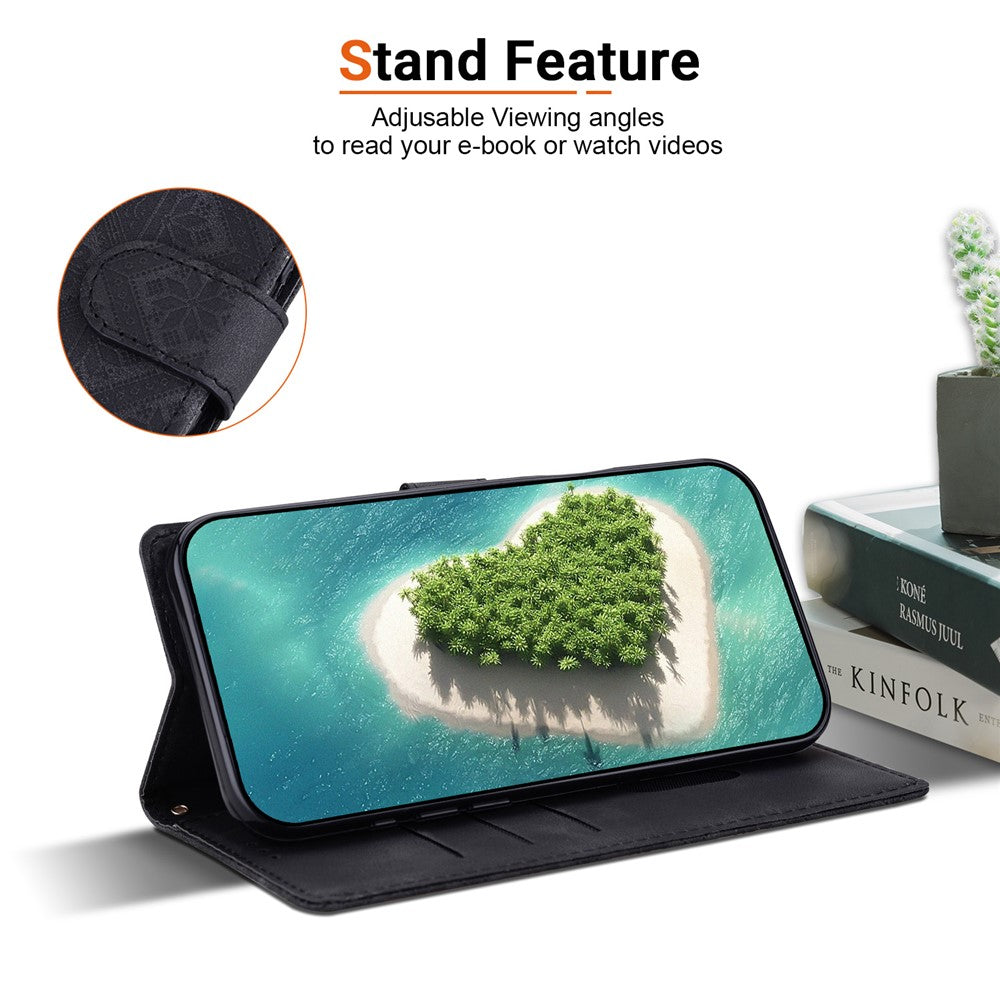 For iPhone 18 Pro  /  17 Pro Wallet Case Imprinted Ethnic Pattern Leather Phone Cover with Wrist Strap