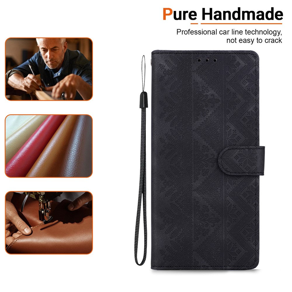 For iPhone 18 Pro  /  17 Pro Wallet Case Imprinted Ethnic Pattern Leather Phone Cover with Wrist Strap