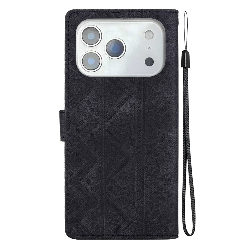 For iPhone 18 Pro  /  17 Pro Wallet Case Imprinted Ethnic Pattern Leather Phone Cover with Wrist Strap