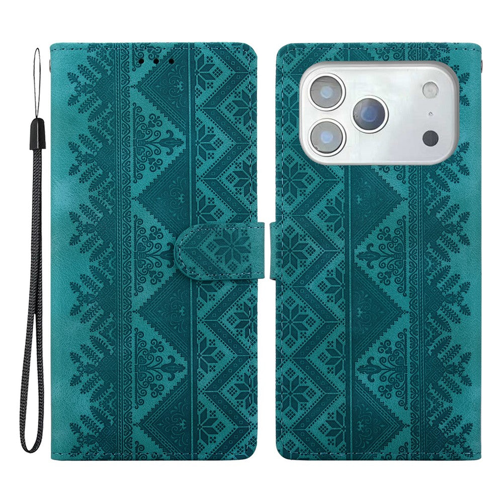 For iPhone 18 Pro Max  /  17 Pro Max Wallet Case Imprinted Ethnic Pattern Leather Phone Cover with Wrist Strap