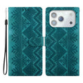 For iPhone 18 Pro Max  /  17 Pro Max Wallet Case Imprinted Ethnic Pattern Leather Phone Cover with Wrist Strap