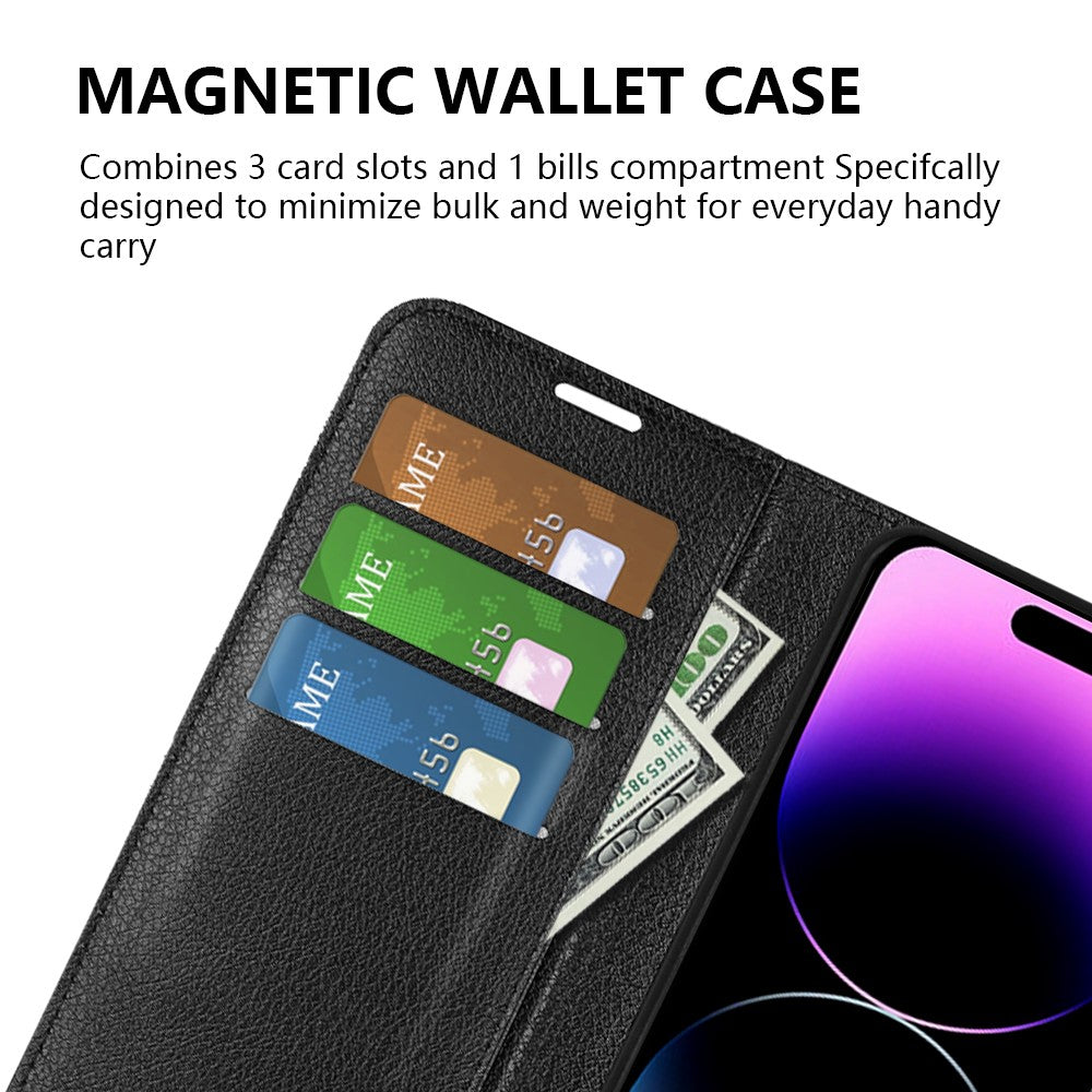 For iPhone 15 Pro Shockproof Wallet Phone Cover PU Leather Litchi Texture Stand Mobile Phone Case