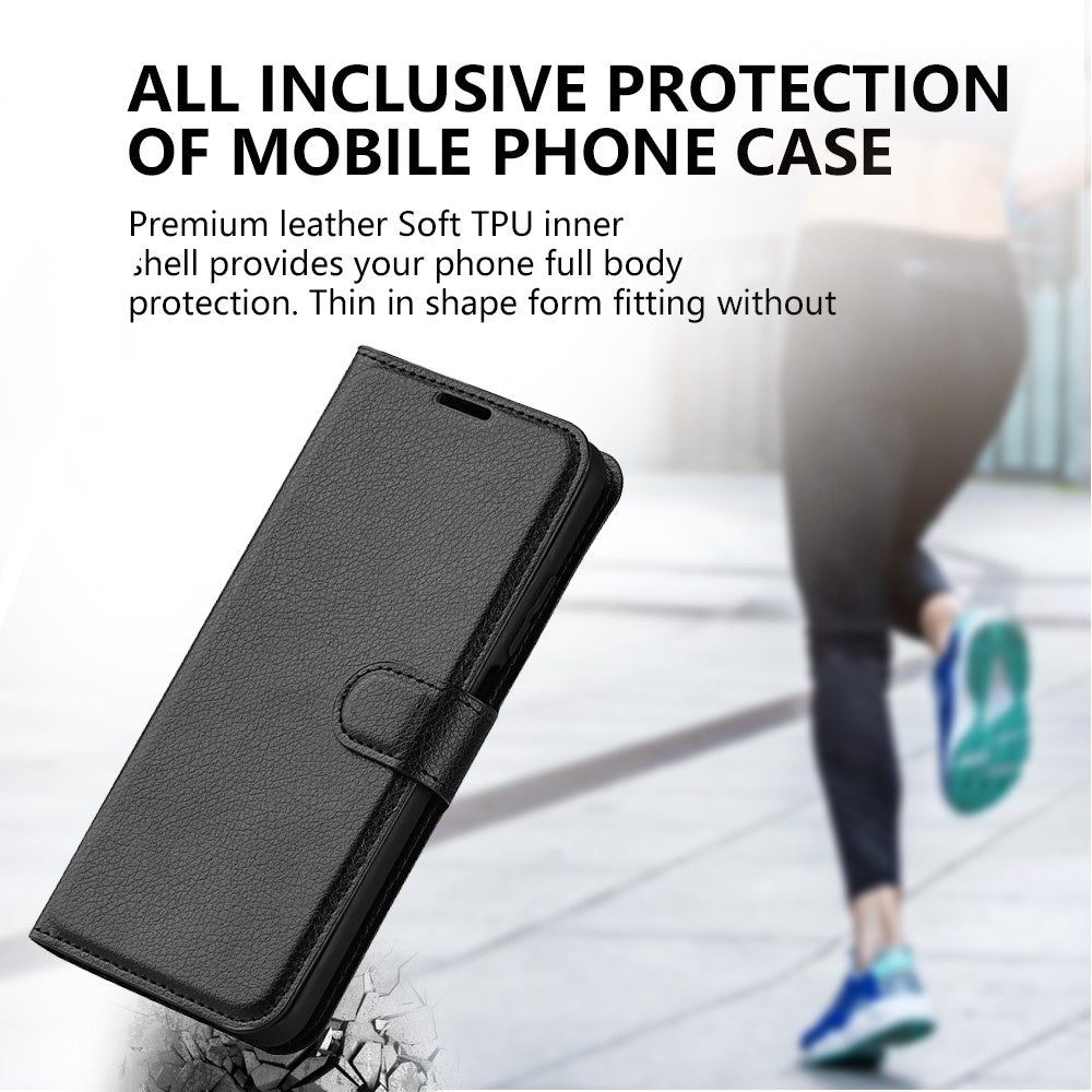 For iPhone 15 Pro Shockproof Wallet Phone Cover PU Leather Litchi Texture Stand Mobile Phone Case