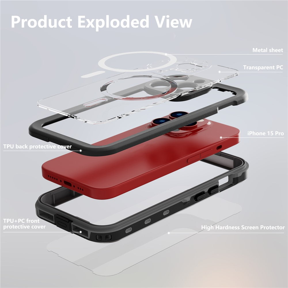 SHELLBOX Dot+ Series IP68 Waterproof Case for iPhone 15 Pro Magnetic PC+TPU Clear Phone Cover Compatible with MagSafe