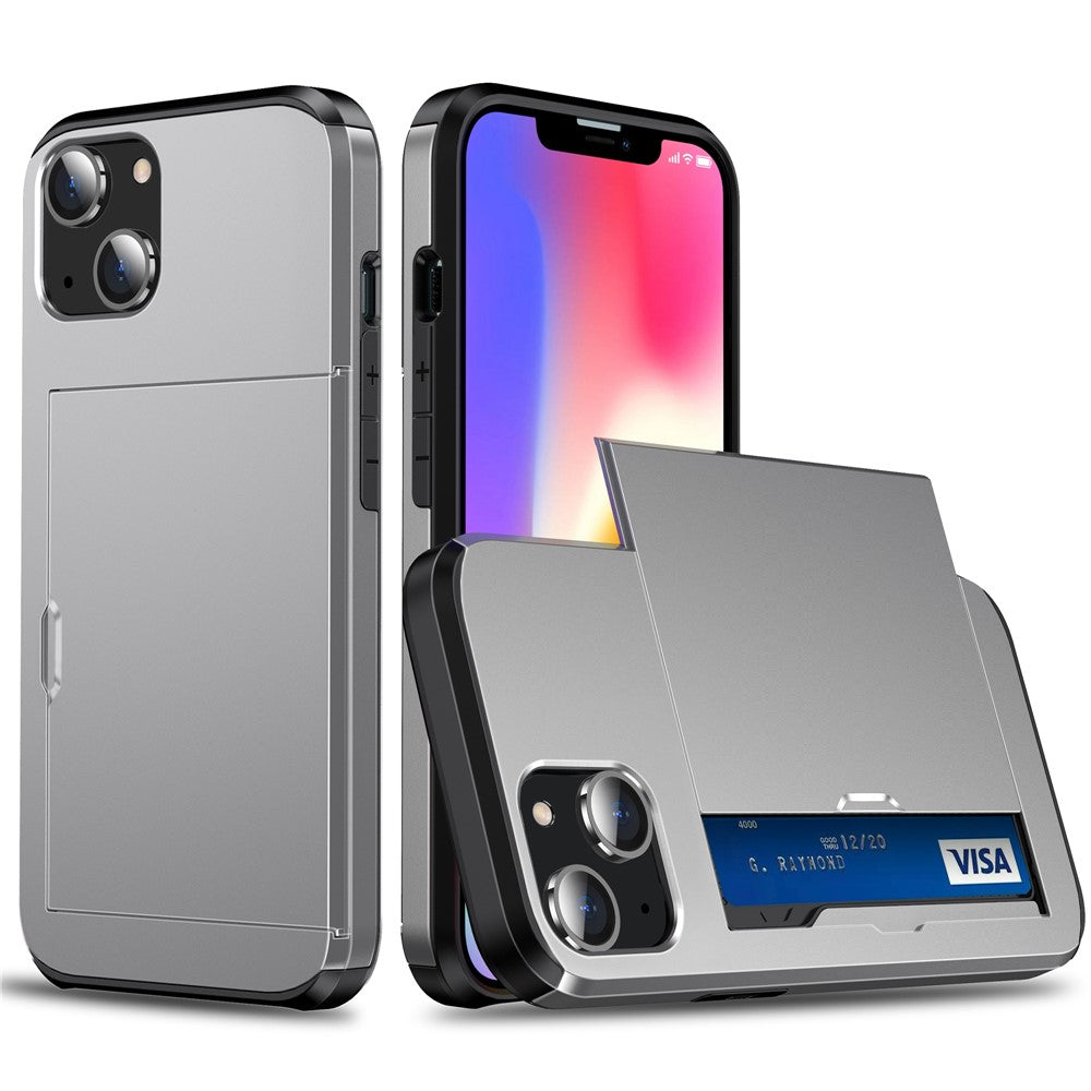 Slide Card Holder Protective Phone Case for iPhone 15 , TPU + PC Drop-proof Cell Phone Cover