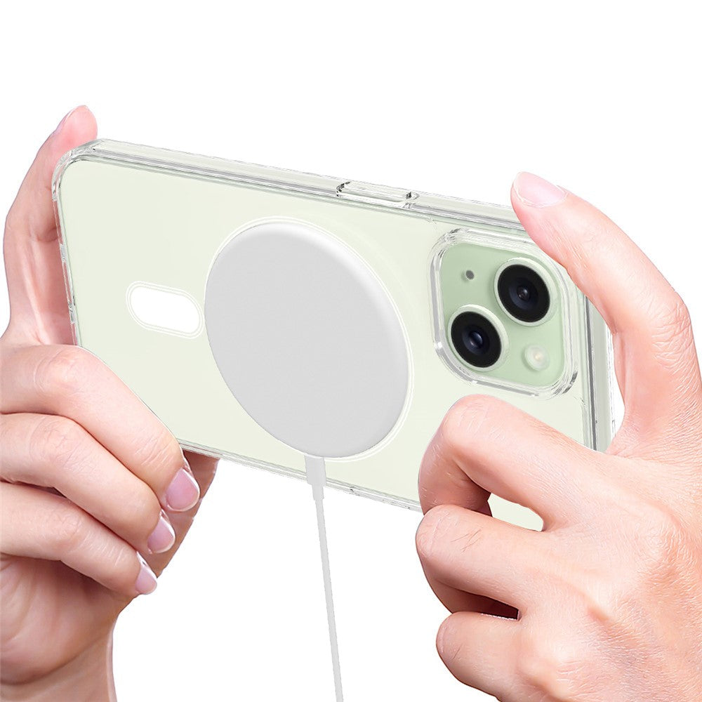 For iPhone 15 Plus Magnetic Ring Design Clear Phone Cover Case Acrylic+TPU Phone Shell Compatible with MagSafe