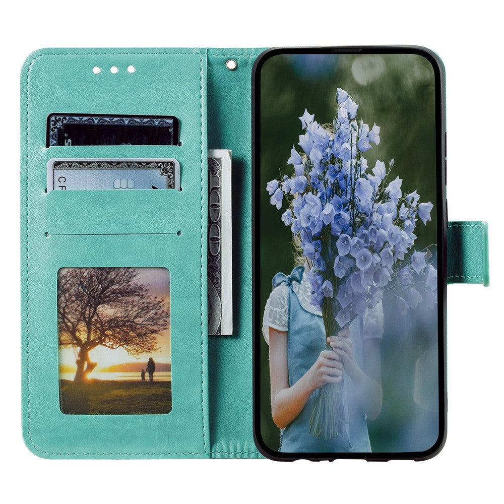 For iPhone 15 PU Leather Stand Cover Mandala Flower Imprint Wallet Phone Case with Strap
