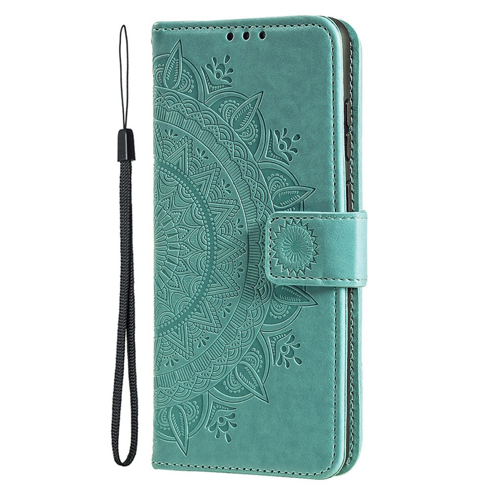 For iPhone 15 PU Leather Stand Cover Mandala Flower Imprint Wallet Phone Case with Strap
