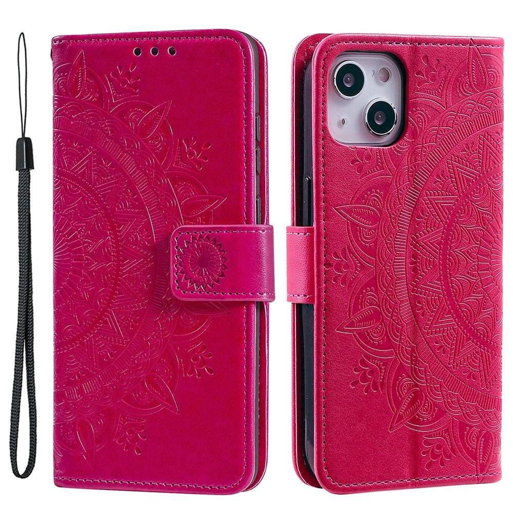 For iPhone 15 PU Leather Stand Cover Mandala Flower Imprint Wallet Phone Case with Strap