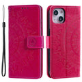 For iPhone 15 PU Leather Stand Cover Mandala Flower Imprint Wallet Phone Case with Strap