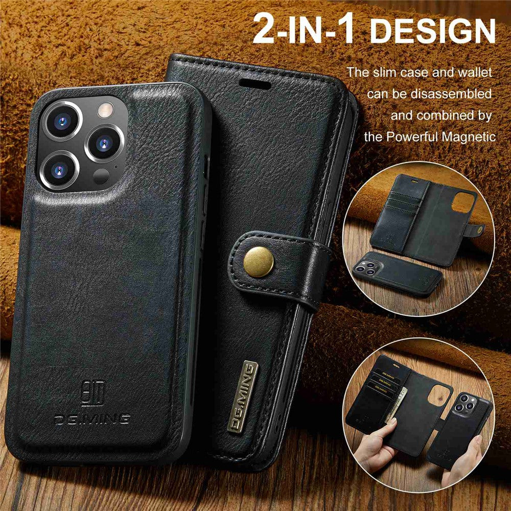 DG.MING For iPhone 15 Pro Phone Case Shockproof Split Leather Detachable Magnetic Phone Shell Wallet Stand Cover