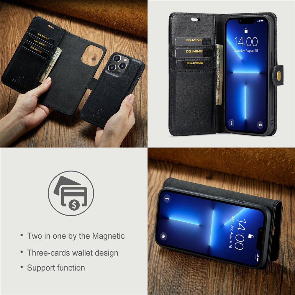 DG.MING For iPhone 15 Pro Phone Case Shockproof Split Leather Detachable Magnetic Phone Shell Wallet Stand Cover