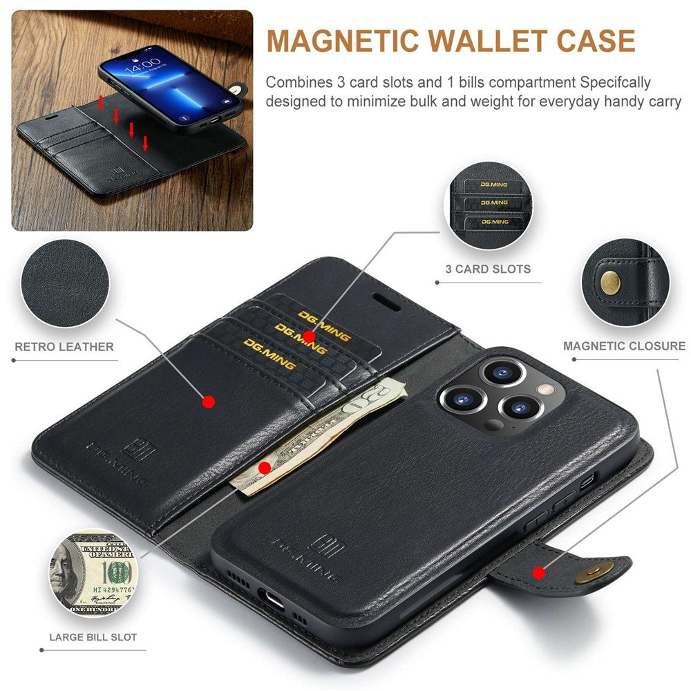 DG.MING For iPhone 15 Pro Max Detachable Magnetic Phone Case Drop Proof Split Leather Wallet Stand Cover