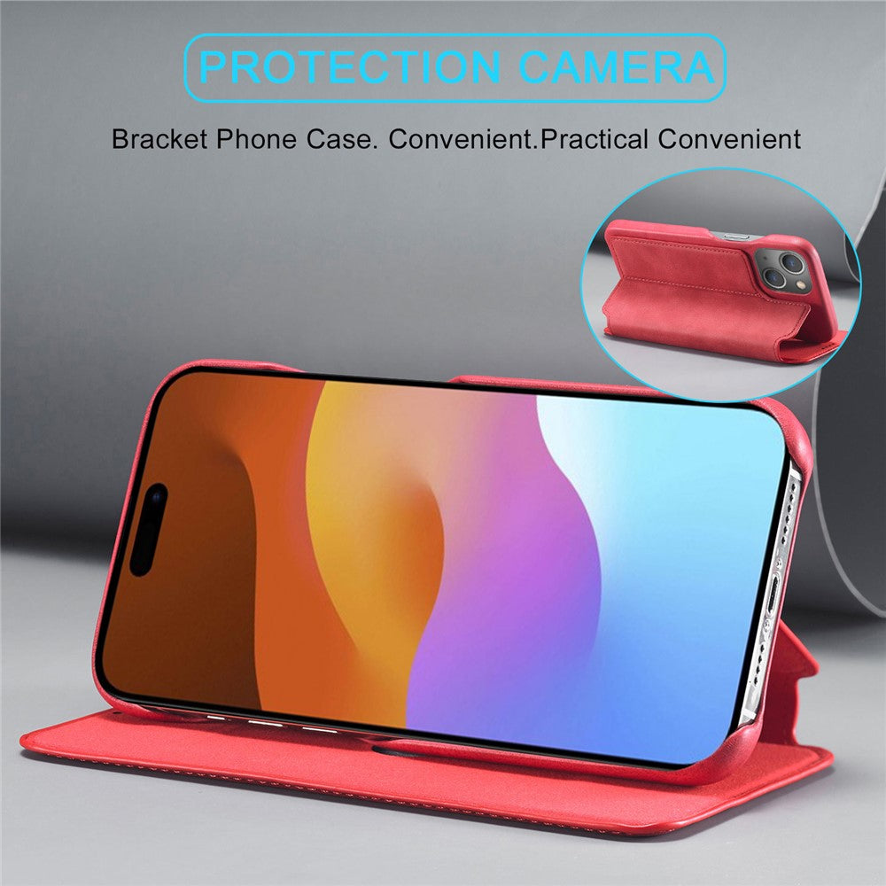 LC.IMEEKE For iPhone 15 Leather Stand Phone Case Drop-proof Cover with Card Slot