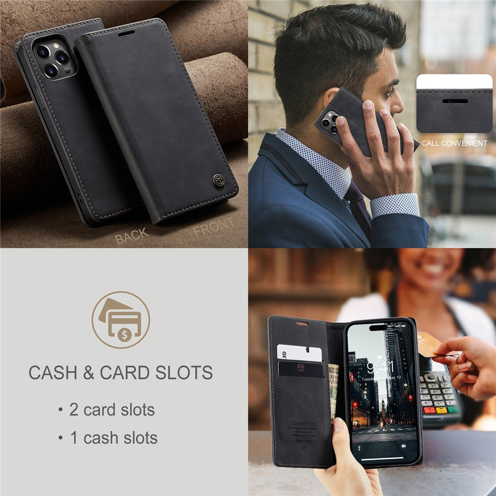 CASEME 013 Series For iPhone 15 Pro Leather Wallet Phone Case Folding Stand Anti-scratch Cover