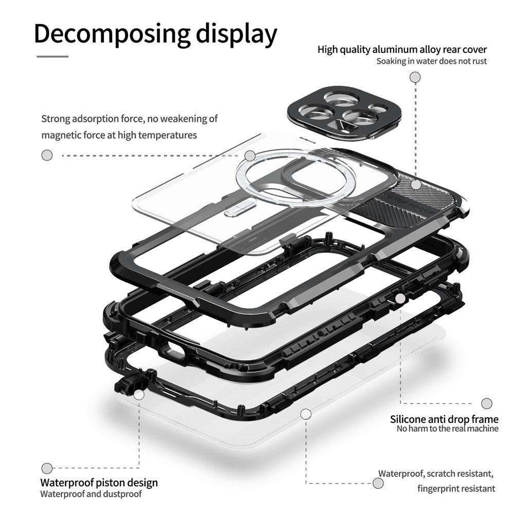 SHELLBOX M Series for iPhone 15 Pro Waterproof Case Compatible with MagSafe Aluminum Alloy IP68 Diving Case