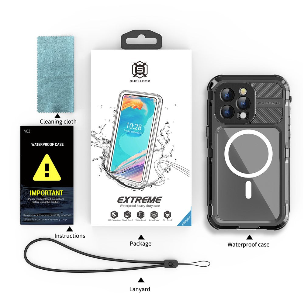 SHELLBOX M Series for iPhone 15 Pro Waterproof Case Compatible with MagSafe Aluminum Alloy IP68 Diving Case