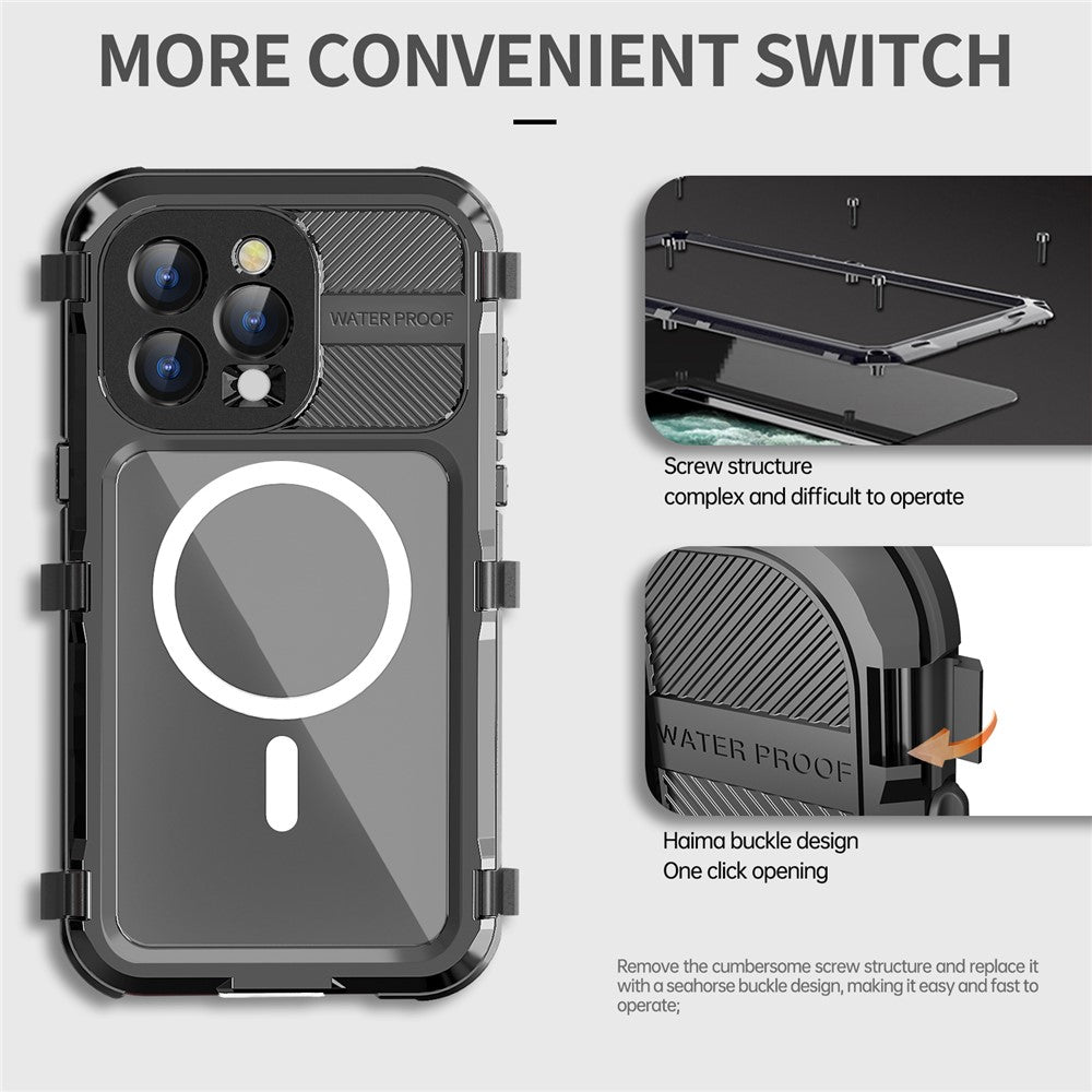 SHELLBOX M Series for iPhone 15 Pro Waterproof Case Compatible with MagSafe Aluminum Alloy IP68 Diving Case