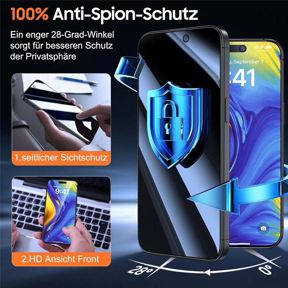 2Pcs For iPhone 15 Pro Anti Spy High Aluminium Silicon Glass Screen Protector with Dust Removal Tool