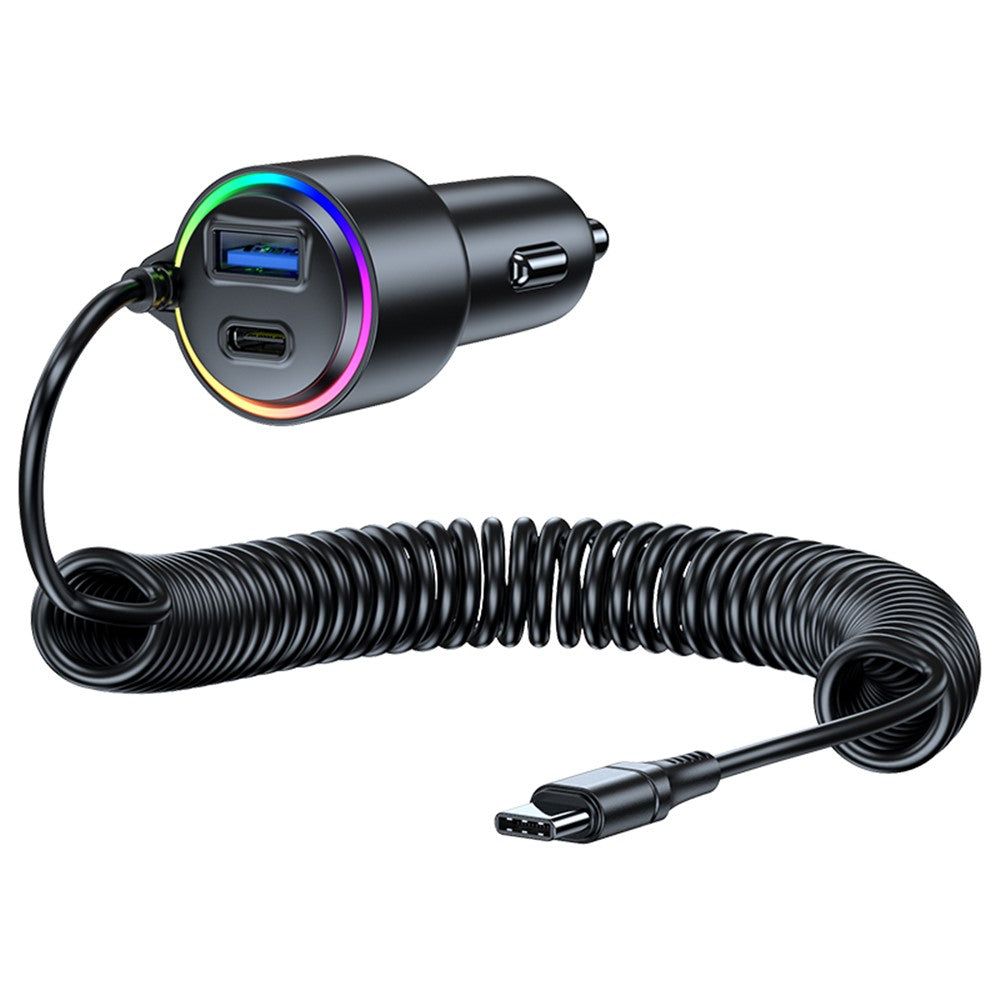 75W Car Charger with Spring Cable – USB & Type-C Fast Charging, Ambient Light