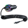 75W Car Charger with Spring Cable – USB & Type-C Fast Charging, Ambient Light