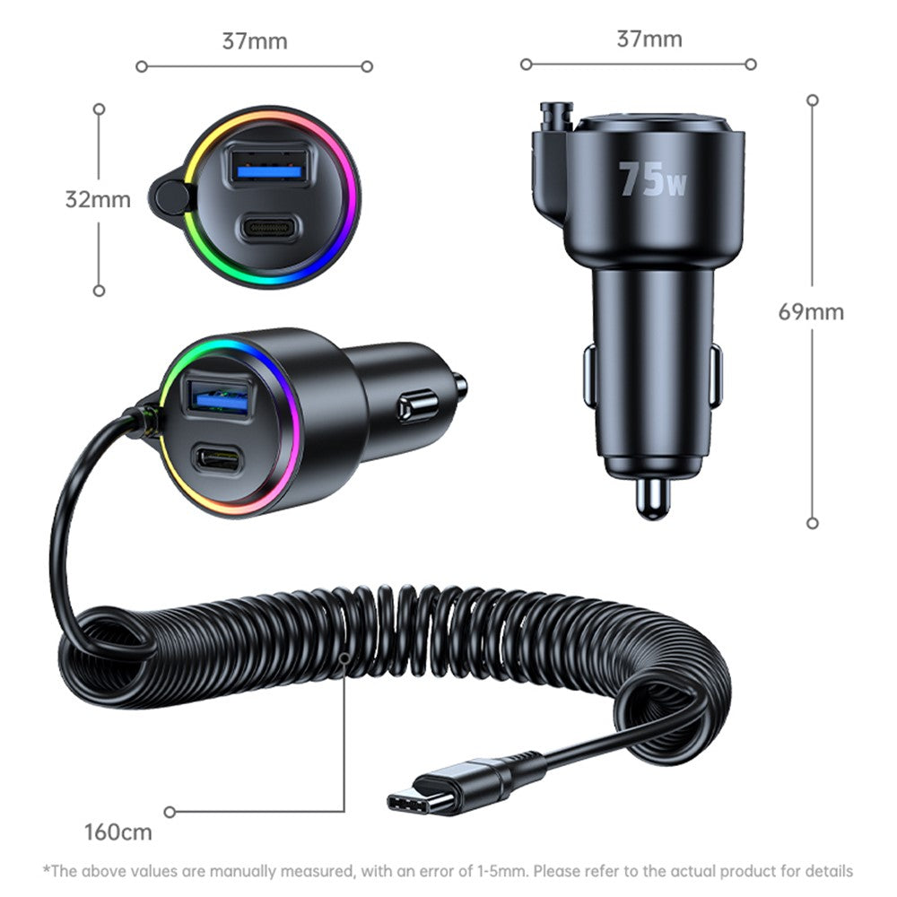 75W Car Charger with Spring Cable – USB & Type-C Fast Charging, Ambient Light