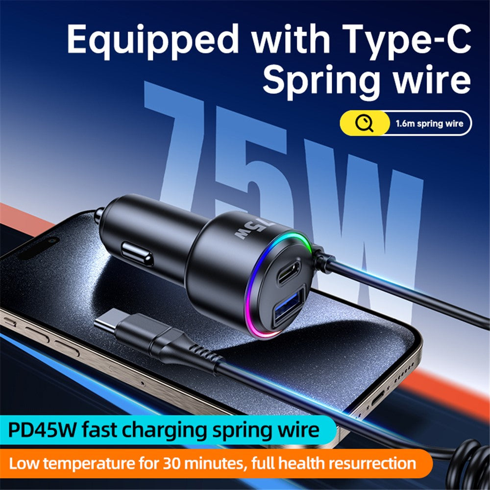 75W Car Charger with Spring Cable – USB & Type-C Fast Charging, Ambient Light