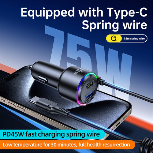 75W Car Charger with Spring Cable – USB & Type-C Fast Charging, Ambient Light
