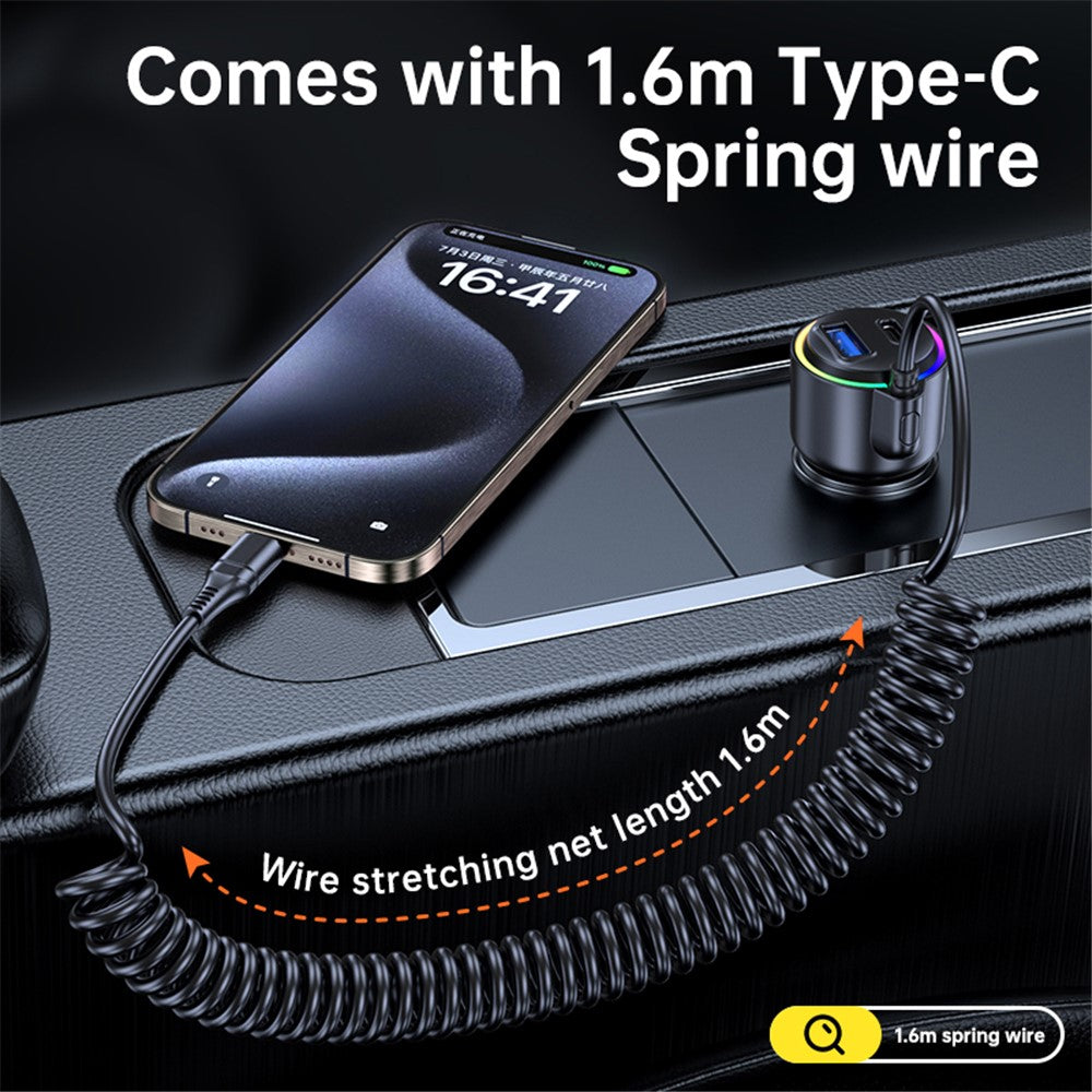 75W Car Charger with Spring Cable – USB & Type-C Fast Charging, Ambient Light