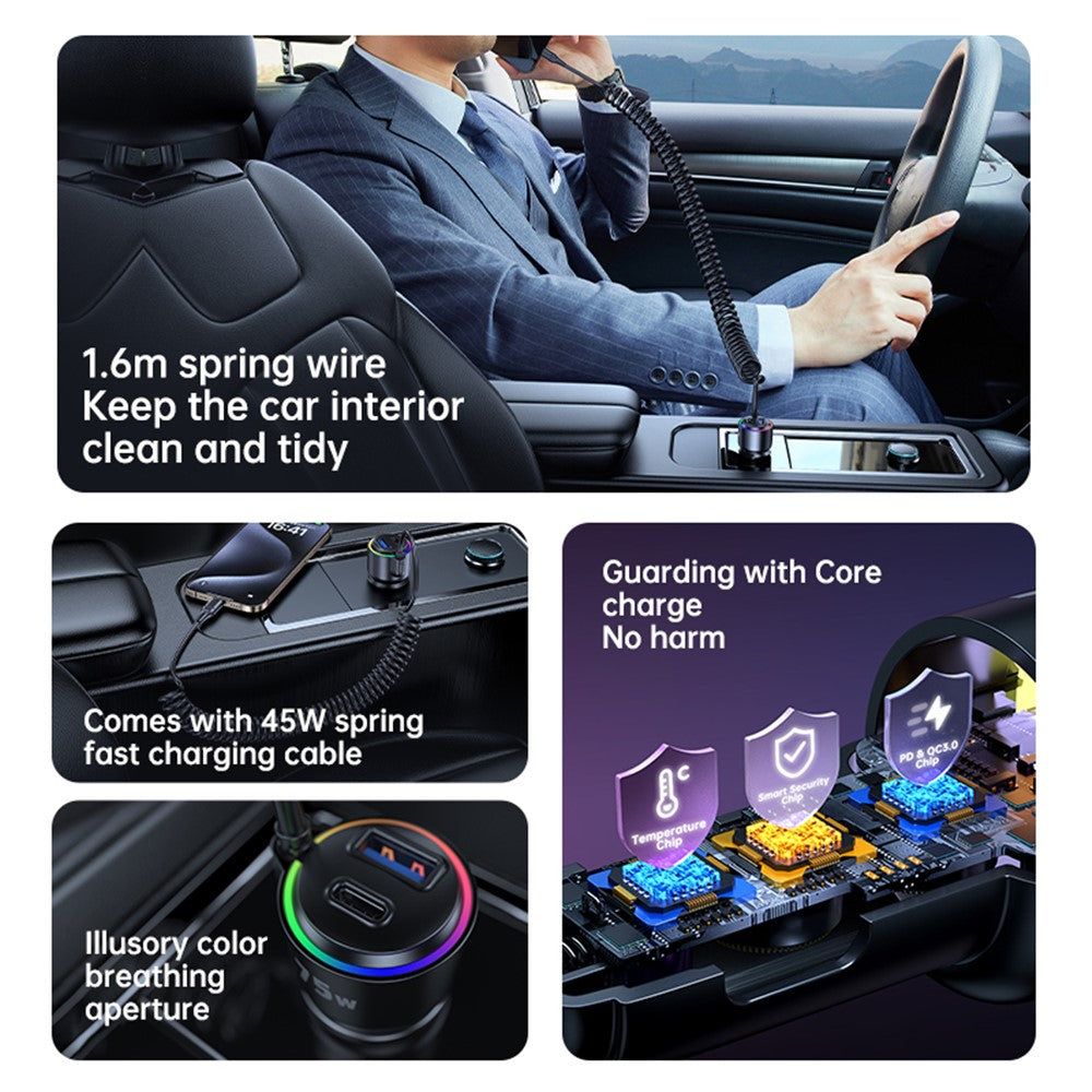 75W Car Charger with Spring Cable – USB & Type-C Fast Charging, Ambient Light