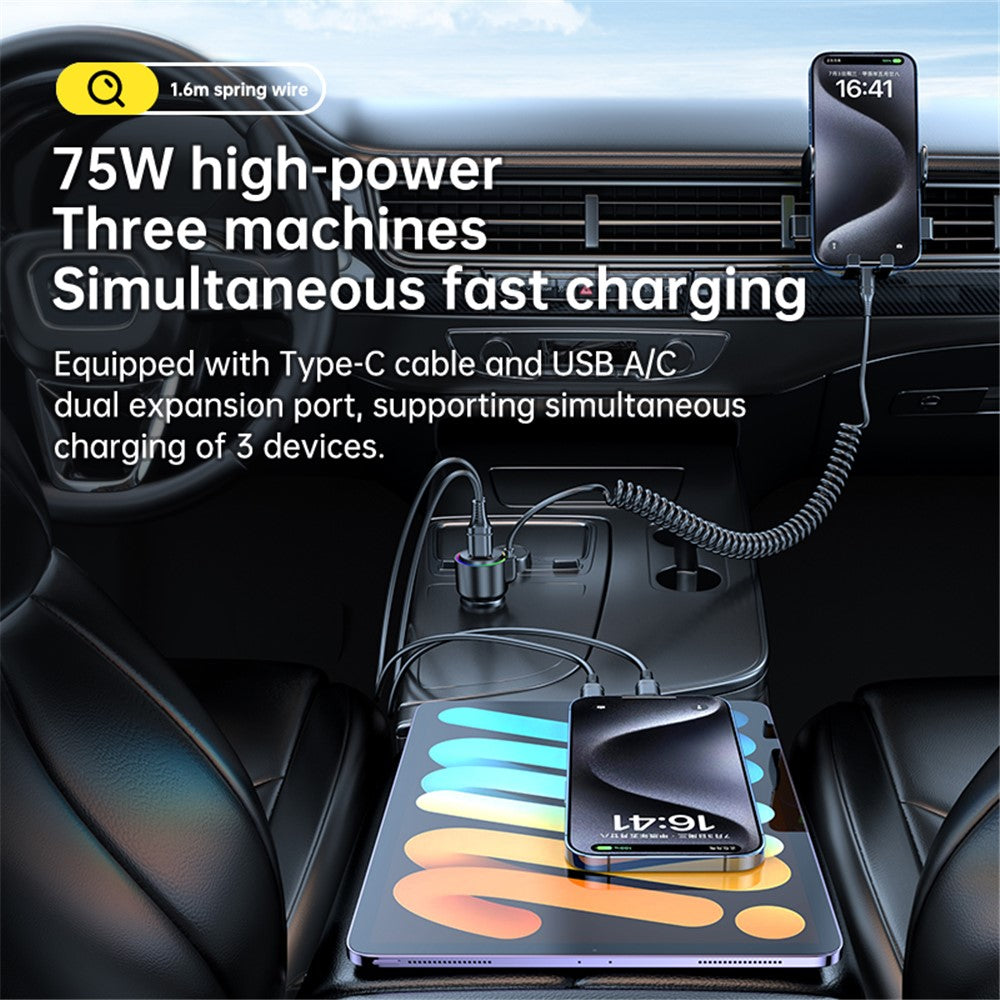 75W Car Charger with Spring Cable – USB & Type-C Fast Charging, Ambient Light