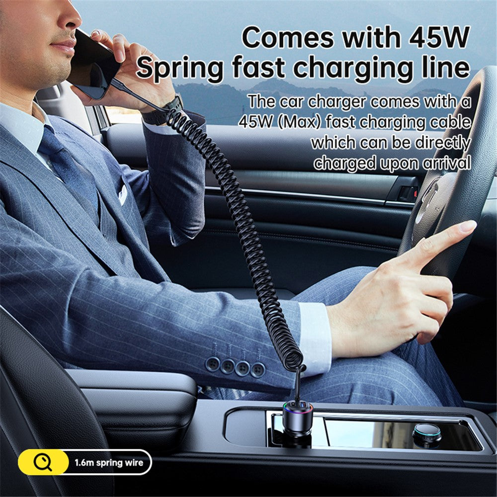 75W Car Charger with Spring Cable – USB & Type-C Fast Charging, Ambient Light