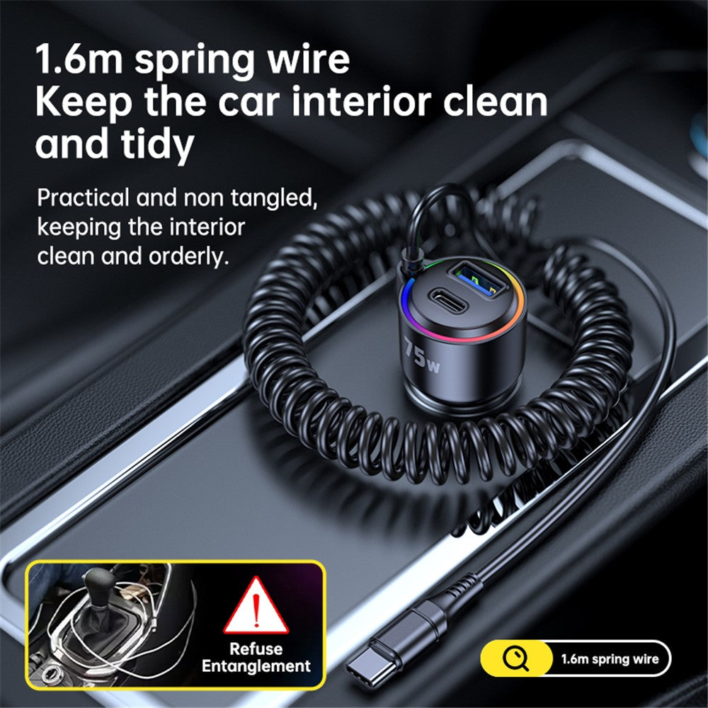 75W Car Charger with Spring Cable – USB & Type-C Fast Charging, Ambient Light