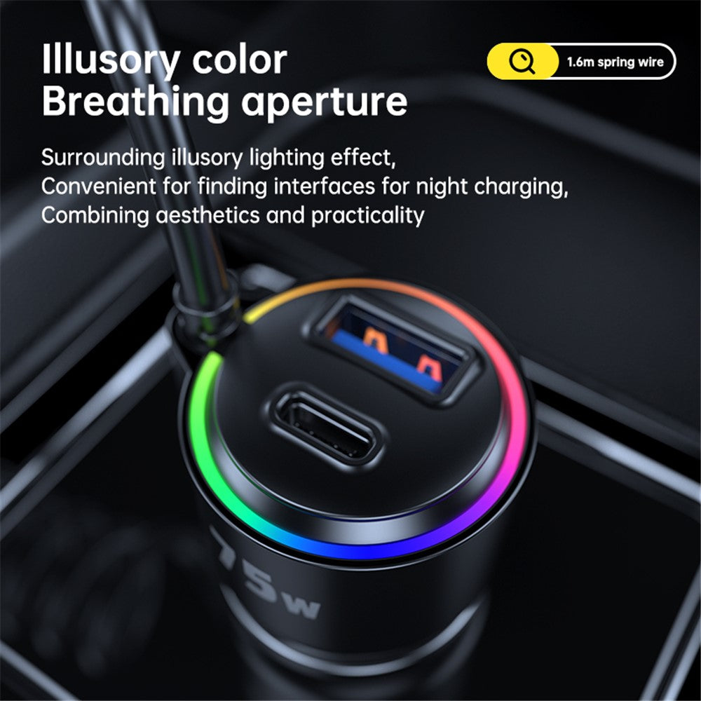 75W Car Charger with Spring Cable – USB & Type-C Fast Charging, Ambient Light