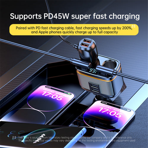 145W Car Charger – Dual USB & Dual Type-C Ports with Voltage Display