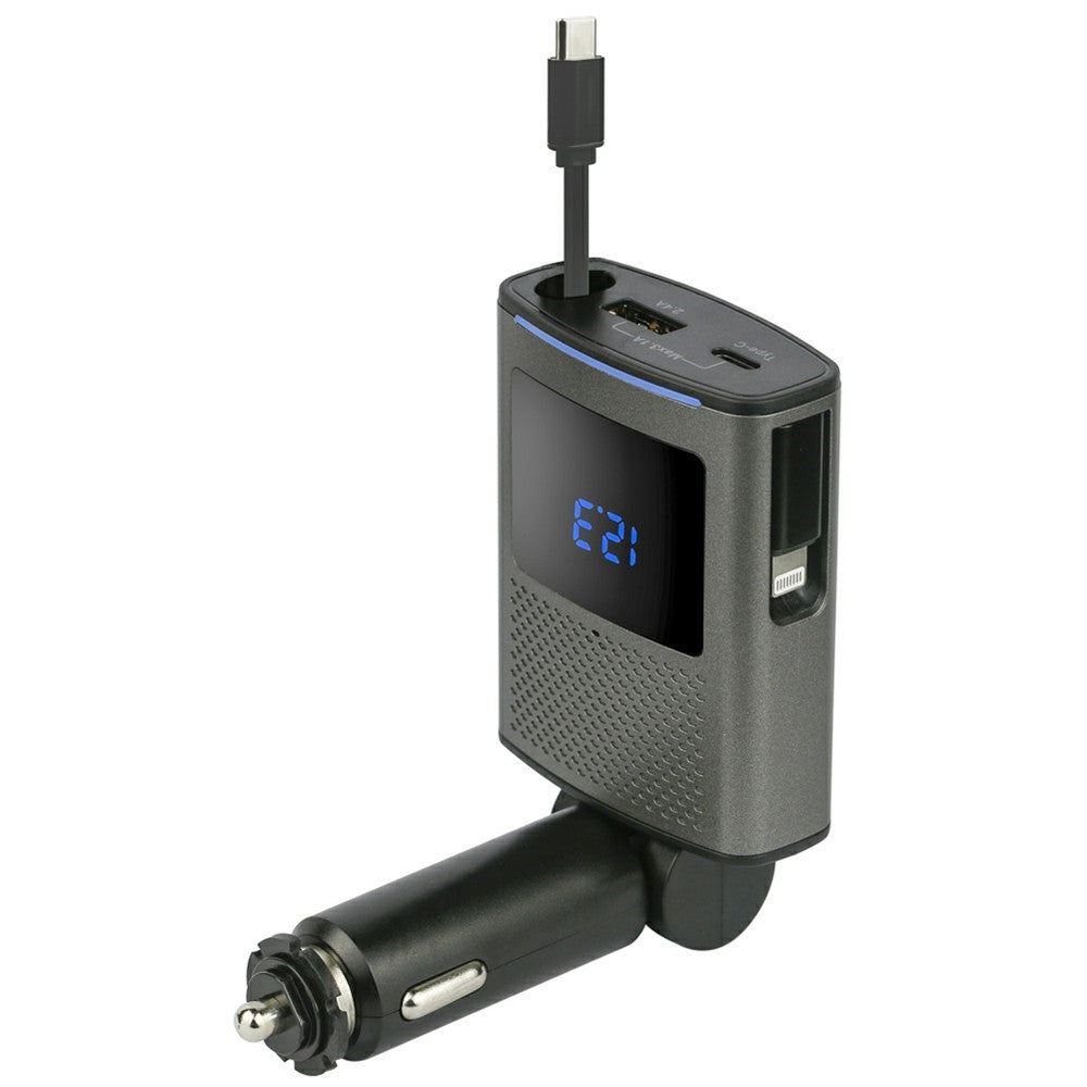 65W PD Car Charger with Voltage Display – Retractable Type-C Cable