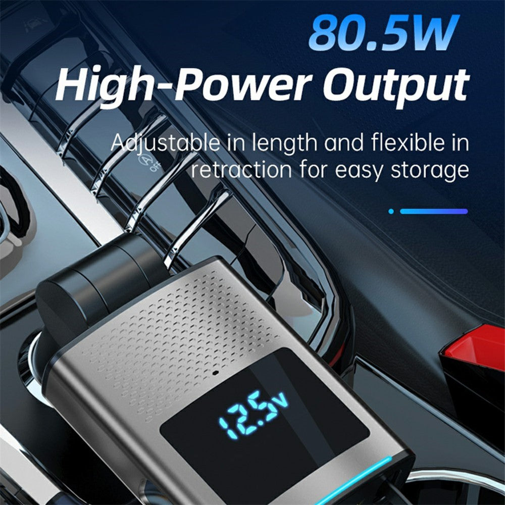 65W PD Car Charger with Voltage Display – Retractable Type-C Cable