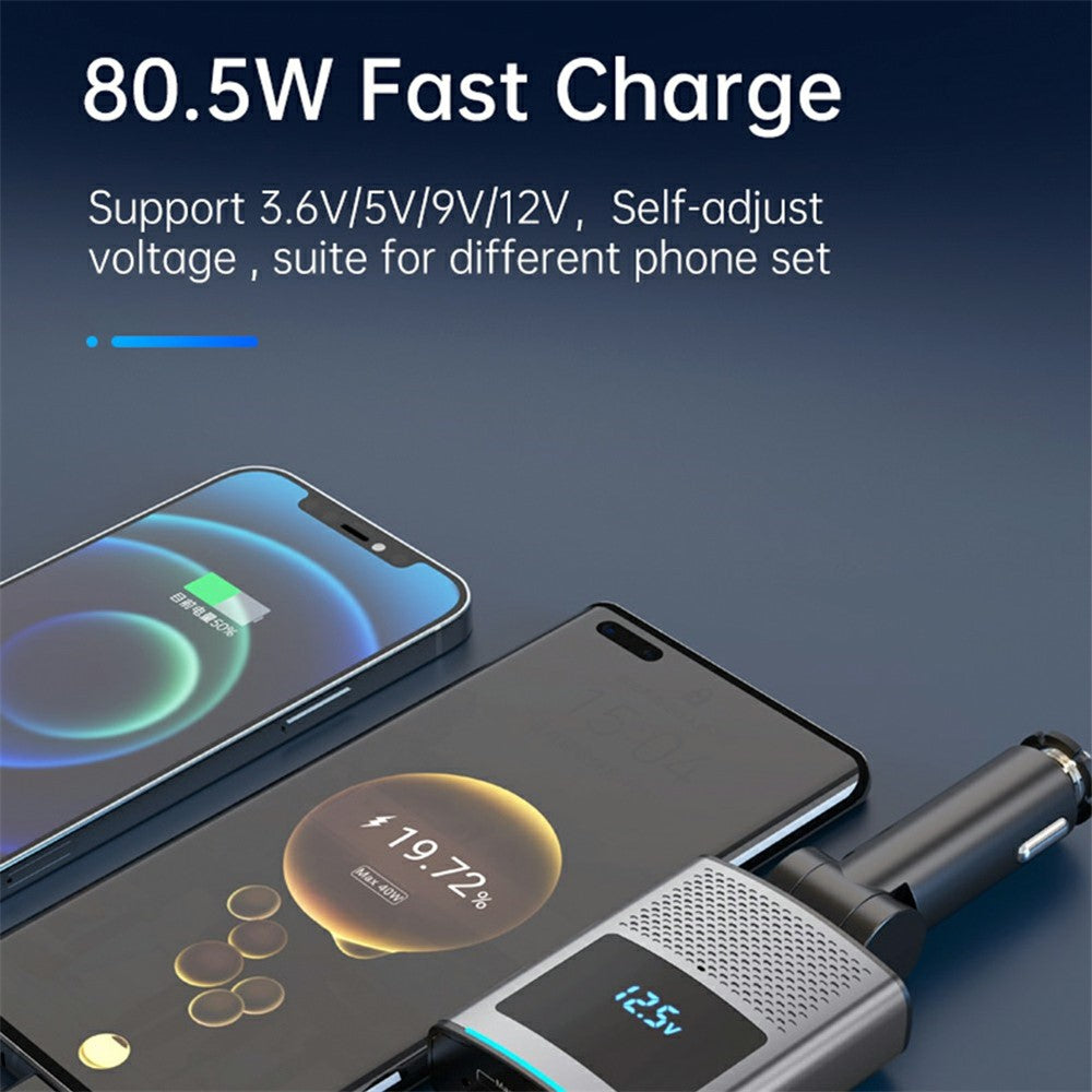65W PD Car Charger with Voltage Display – Retractable Type-C Cable