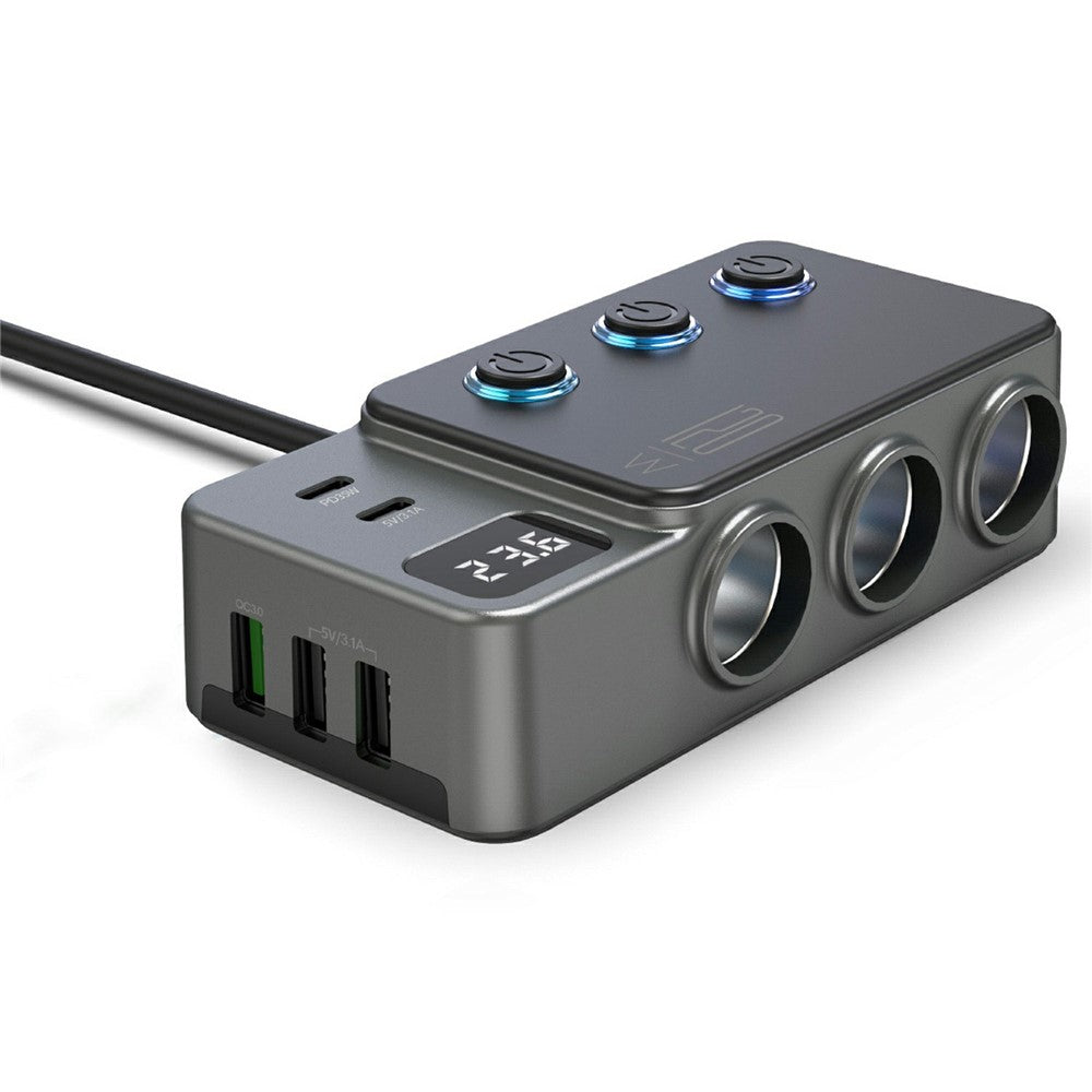 High-Power Car Charger with Voltage Display – 3 Cigarette Lighter Sockets, 120W