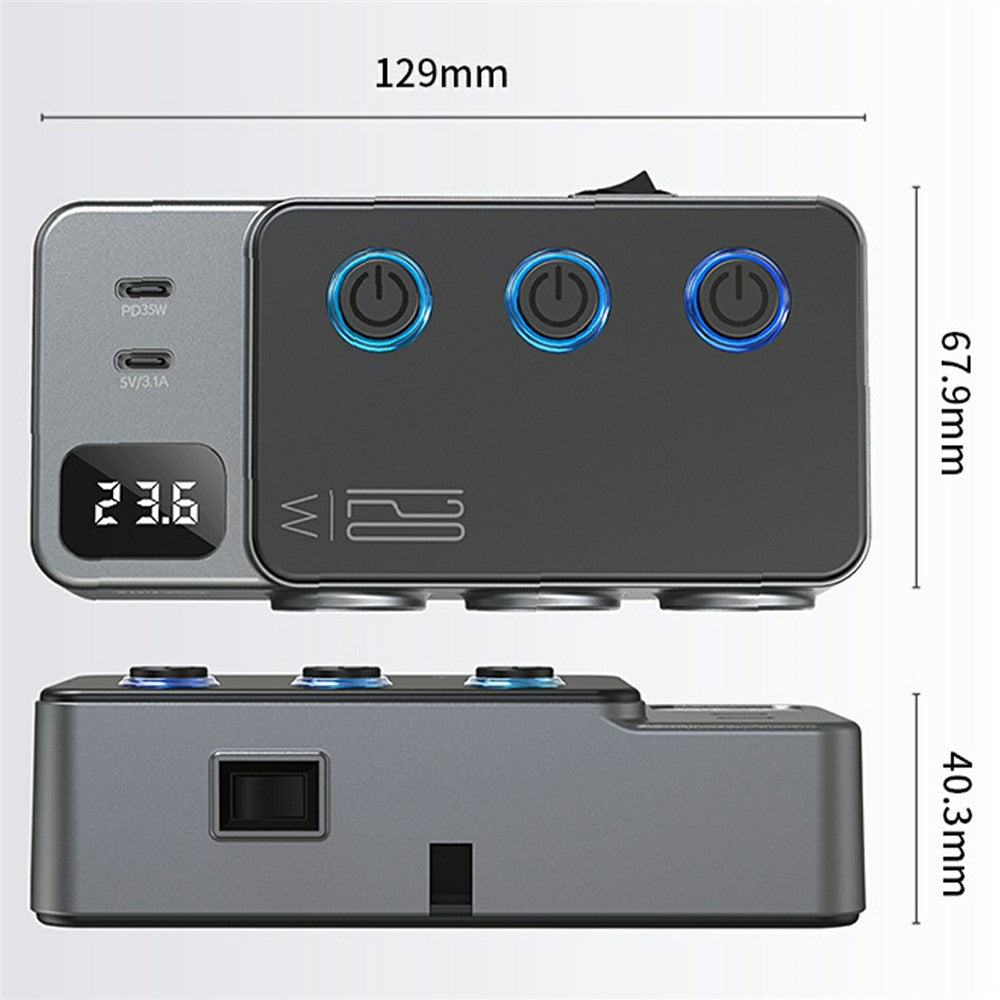 High-Power Car Charger with Voltage Display – 3 Cigarette Lighter Sockets, 120W