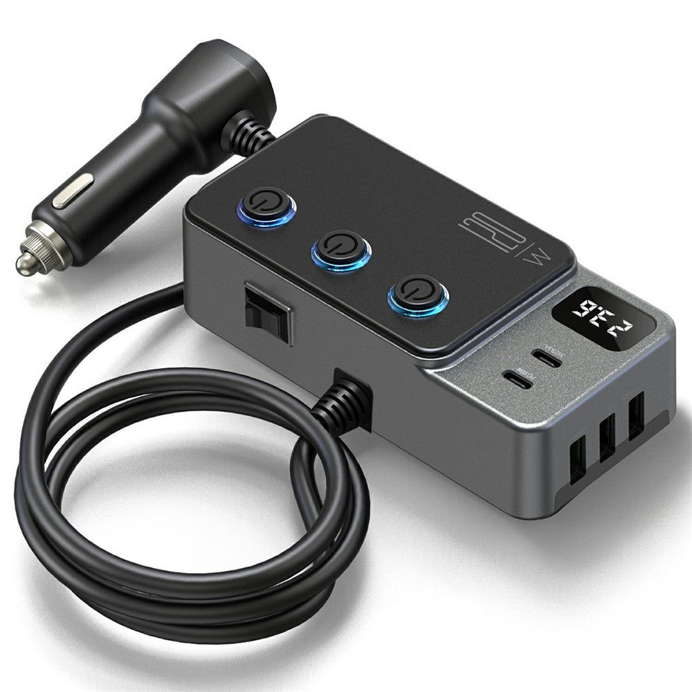 High-Power Car Charger with Voltage Display – 3 Cigarette Lighter Sockets, 120W