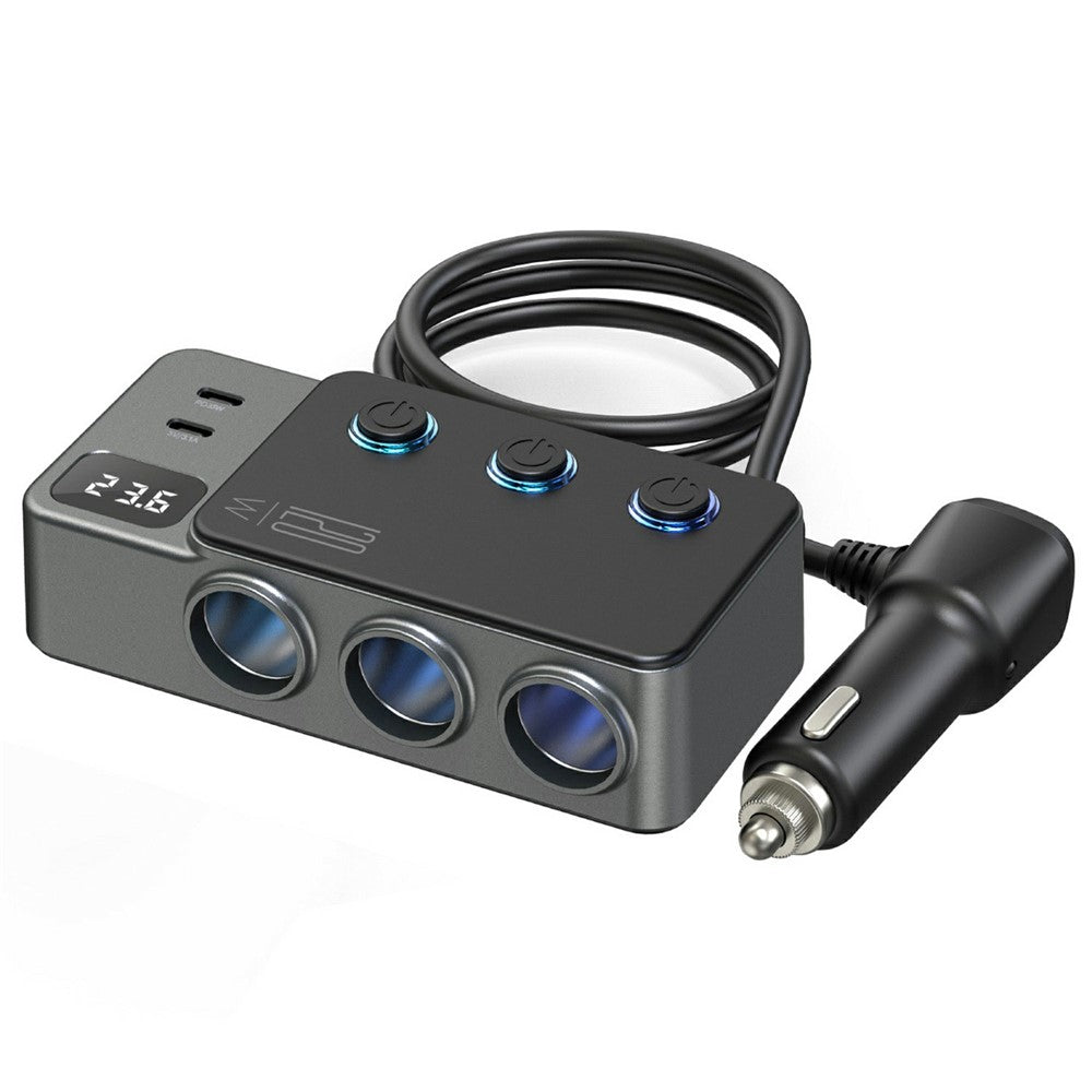 High-Power Car Charger with Voltage Display – 3 Cigarette Lighter Sockets, 120W